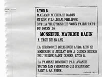 Avis de décès de Maurice Badin dans le Progrès du 11 juillet 1988.